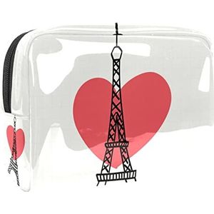 Eiffeltoren met rood hart print reismake-uptas voor dames en meisjes, kleine waterdichte make-uptas met ritssluiting toilettas organizer, Meerkleurig, 18.5x7.5x13cm/7.3x3x5.1in, Modieus