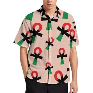 Rood Zwart & Groen Ankh Symbool Zomer Heren Shirts Casual Korte Mouw Button Down Blouse Strand Top met Zak 2XL