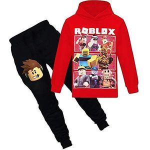 Roblox capuchontrui voor jongens, hoodies voor kinderen, speloutfits, karikatuurpersonages, pullover, katoen, meisjesbroek, kledingset, rood, 7-8 Jaar