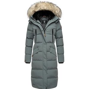 MARIKOO Sneeuwsterntje Winterjas voor dames, warme gewatteerde jas, lang met afneembaar kunstbont en capuchon, XS - XXL, stormy blue, S