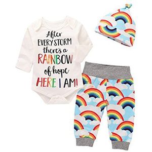 Juflam Pasgeboren Baby Jongen Meisje Romper+Regenboog Broek+Hoed Outfits Kleding Set - multi - XL