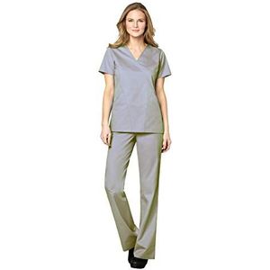 WonderWink WORK Scrubs Mock Wrap V-hals Top & Flare Been Trekkoord Broek Set + Badge Reel