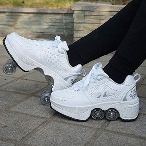 ZZ Rolschoenen voor kinderen, schoenen met automatisch intrekbare wieltjes, technische skateschoen, voor buiten, sport, gym, fitness, uniseks, wit, EU 34