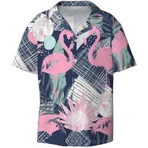 EdWal Roze Flamingo en Bladeren Print Heren Casual Button Down Shirts Korte Mouw Jurk Shirts Atletische Slim Fit Korte Mouw, Zwart, L