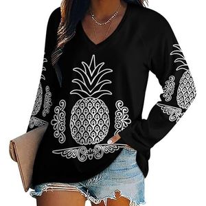 Pineapple Art T-shirts voor dames, lange mouwen, V-hals, herfst, tops, trui, tuniek, T-shirt voor leggings