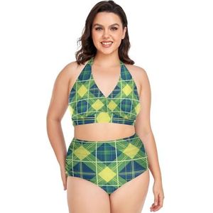Groene Buffalo Grid Plaid Vrouwen Bikini Sets Plus Size Badpak Twee Stukken Hoge Taille Strandkleding Meisjes Badpakken, Pop Mode, XXL