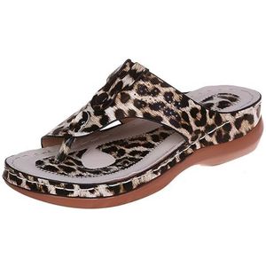 Dames Orthopedische Teenseparator Sandalen Retro Sleehak Slippers 2024 Zomer PU-leer Clip-Toe Slippers Rubberen Platformslippers Vrijetijdsstrandschoenen (Color : Leopard, Size : 39 EU)