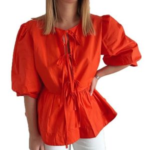 Vrouwen Tie Front Tops Puff Sleeve Babydoll Shirts Y2K Leuke Ruffle Peplum Uitgaan Top Blouse Trendy Kleding (Color : Red B, Size : Medium)