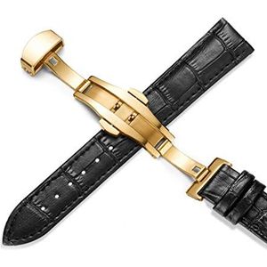 Armband van echt leer, 12-24 mm, stalen band met vlindergesp, stalen armband met gesp 22 mm, horlogeband, goud-zwart, 16mm, Armband