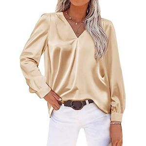 Satijnen geplooide damesblouse met lange mouwen, V-hals, casual, los, werk, kantoor, satijnen hemd, effen kleur, pullover shirt, Champagne, M