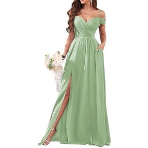 Dames chiffon bruidsmeisjes jurken met split lange galajurken ruches cocktailjurk plus size, Sage Groen, 32