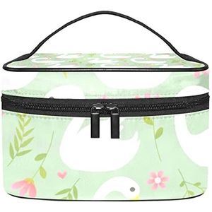 Konijn Roze Leuke Make-up Tas Voor Vrouwen Meisjes Cosmetische Tassen Met Handvat Reizen Make-up Organizer Tas, Witte zwaan patroon roze bloemen groene lente, 8.9x5.9x5.4 Inches, Make-up Pouch