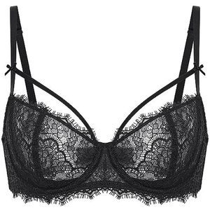 DOBREVA Vrouwen Sexy Lace Push Up BH Balconette Transparante Grote Borst BH Ongevuld met beugel zwart 80D