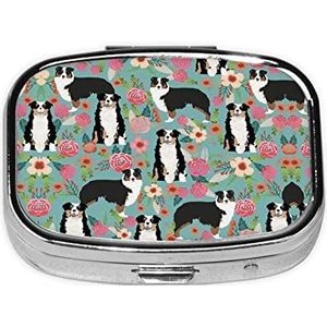 Border Collie Florals Print Pil Box Draagbare 2 Compartimenten Metalen Pil Case Pil Organizer voor Opslag Vitaminen Visolie Medicatie
