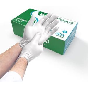 VENSALUD | LATEX Wegwerphandschoenen | Powder Free | Resistent en comfortabel | Voor laboratoria, sanitair, keuken, tattoo studio's, veterinaire, reiniging, onderzoek | 100 stuks | Wit | Maat S