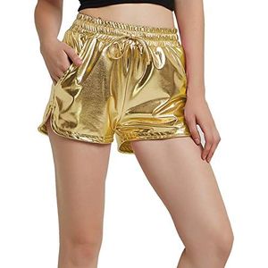 Mirawise Metallic shorts voor dames, yoga, glanzend, sprankelend, warm trekkoord, outfit, korte broek, Goud, L