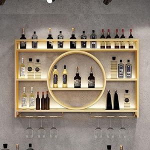Wandgemonteerde drankplank, wandgemonteerde keukenopslag met wijnglashouder, moderne barplanken voor drankflessen, voor keuken, eetkamer, bardecoratie, goud/zwart