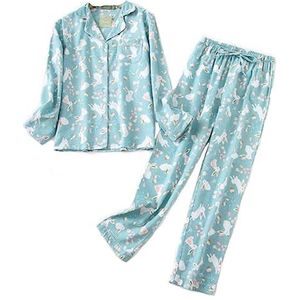 Pyjama voor dames, lang, katoen, winter, pyjama, vrijetijdspak, set met knoopsluiting, sleepwear, tweedelige flanellen nachtkleding, groen, XL