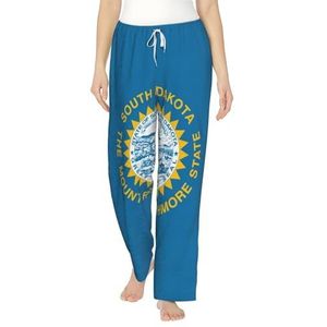 FMASWEQ South Dakota vlag print kerst pyjama voor vrouwen, zachte fleece pyjamabroek, perfect om te loungen, Zwart, S