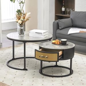 Aunvla Elegante tweedelige salontafelset - plaat van grijze marmeren plaat en laden van massief hout, geschikt voor grijs en zwart, 70 x 70 x 45,5 + 50 x 50 x 40 cm