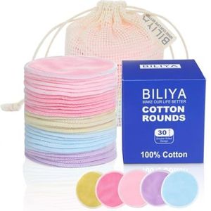 BILIYA Herbruikbare make-up remover pad 30 stuks, wasbare milieuvriendelijke katoenen waszak, herbruikbare gezicht make-up remover pad, katoenen pad voor alle huidtypes
