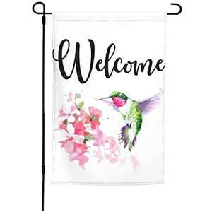 Tuinvlag 30x45cm, aquarel kolibrie vogel rond roze bloemen handgetekend zomer tuin dier veranda vlag lichtgewicht welkom vlag, voor feesten, tuin