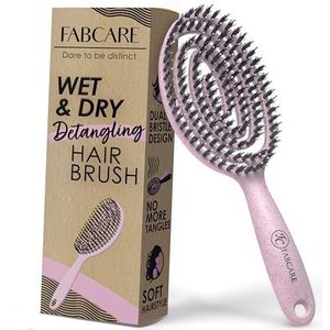 FABCARE Biologische ronde haarborstel van wildzwijnharen - Ontklittende borstel met dubbele spiraalveer - Haarborstel zonder trekken - Professionele ontklittende borstel voor alle haartypes