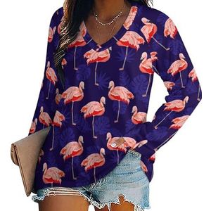 Pink Flamingo dames basic V-hals lange mouwen tops T-shirt T-shirt T-shirt, Stijl, XL