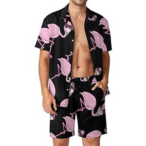 Schattige zonnebril, flamingo, Hawaiiaanse sets voor heren, button-down trainingspak met korte mouwen, strandoutfits, L