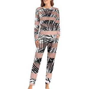 Trendy Tropische Palmbomen Chic Rose Gouden Strepen Zachte Dames Pyjama Lange Mouw Warm Fit Pyjama Loungewear Sets met Zakken 5XL
