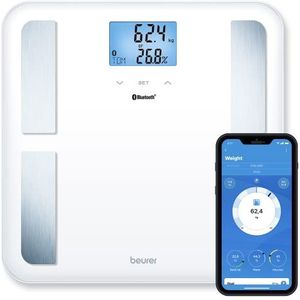 Beurer BF 850 diagnoseweegschaal, wit, extra groot stavlak, meting van lichaamsvet, lichaamswater, spiergehalte en botmassa, calorieverbruik AMR/BMR, BMI, met app, gecertificeerde gegevensbescherming