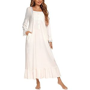 Suelinvy Vrouwen lange mouw knoop borduursels Victoriaanse nachthemden ruche schattige slaap jurk nachthemd pyjama jurk S-XXL, Wit-nieuw, XL
