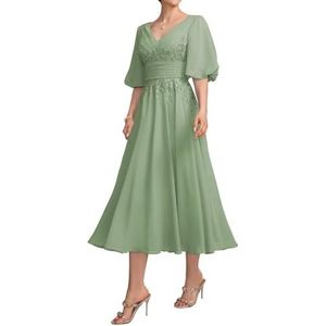 HPPEE Damesjurk voor dames, lange jurk voor moeder van de bruid met kant, applicatie, pofmouwen, chiffon, formele avondjurk, Sage Groen, 32