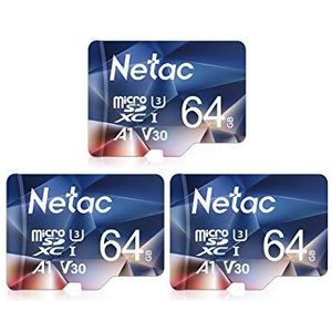 Netac Micro SD-kaart A1, U1, C10, V10, FHD, 600X, UHS-I snelheid tot 90/10 MB/sec(R/W) Micro SD-kaart voor telefoon, camcorder, switch, GoPro Tablet 64 GB 3 stuks