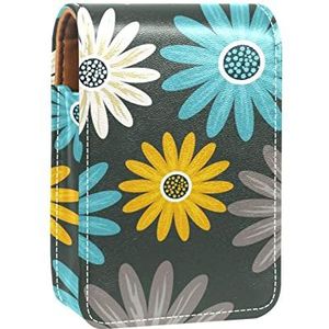 Draagbare Lipstick Case voor op reis, Mini Lipstick Opbergdoos met spiegel voor dames dames, Lederen cosmetische etui Grijs Blauw Geel Wit Daisy Patroon, Meerkleurig, 9.5x2x7 cm/3.7x0.8x2.7 in