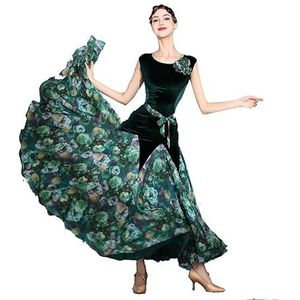Yhsgscr Fluwelen Ballroom Dansjurken voor Dames Tango Social Dance Kleding met Print Mouwloze Flamenco Big Swing Rok Foxtrot danskleding Smooth Soft,Groen,L