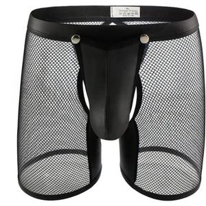 Men's Wet Look Leather Boxer Shorts Pants Erotic Clubwear Button Removable Pouch (Size:L,Color:Zwart)