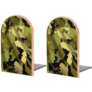 Gordijn Groene Camouflage Print Houten Boek Eindigt Moderne Boekensteunen voor Planken Heavy Duty Boek Stopper Decoratieve Houder Cd's Organizer 5 X 3 X 4 inch