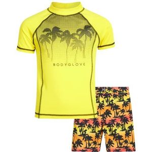 Body Glove Rash Guard-set voor jongens - UPF 50+ zwemshirt met korte mouwen en zwembroek - badmode set voor jongens (4-12), oranje neon/palmbomen, 8