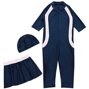 WOWDECOR Moslim badkleding voor meisjes, twee stuks lange mouwen shorts zwemkostuum met zwemrok set, marineblauw, XXL