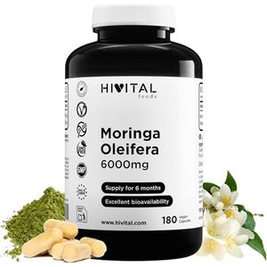 Moringa Oleifera 6000 mg. 180 veganistische capsules voor 6 maanden behandeling. Natuurlijk extract bron van vitaminen, mineralen, aminozuren en vetzuren. Gefabriceerd in Europa door HIVITAL