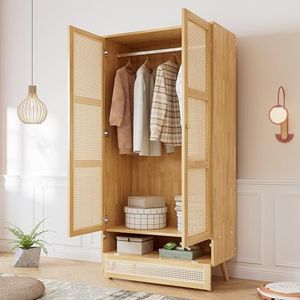 boorbin Moderne kledingkast met 2 deuren met kledingstang in rotan-look, opklapbare onderdeksel, spaanplaat + PE-rotan, natuurlijke stijl voor slaapkamer en woonkamer