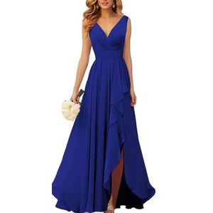 KURFACE Bruidsmeisjesjurken met V-hals, met split en ruches zonder mouwen, chiffon bruidsmeisje avondjurk, koningsblauw, 32