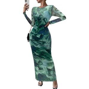 Dames Lange Mouw Tie Dye Jurk Herfst Mode Gerimpelde Jurken Print Strakke Cocktail Maxi Jurken(Green 2,M)