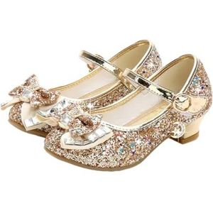 Lederen prinsessenschoenen voor meisjes, bloem, casual, glitter, hoge hakken, meisjesschoenen met vlinder, knopen, goud en zilver, prinsessenschoenen voor meisjes (goud, 32)