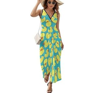 Gele rubberen eend en bubbels lange jurk voor dames, mouwloze maxi-jurk, zonnejurk, strand, feestjurken, avondjurken, L
