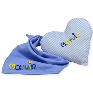 Lichtblauw babycadeauset 2-delig met naam, van warmtekussen en halsdoek geschenk voor geboorte, doopgeschenk voor babyjongen