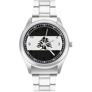 Witte En Zwarte Libanon Vlag Mannen Roestvrij Stalen Horloges Quartz Horloge Gemakkelijk te Lezen Custom Gift Voor Papa Vriend