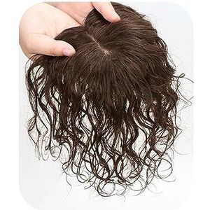 Haartopper, echt menselijk krullend kort haar, dun haar, topper van echt haar, hoofdhuid-topoverlay, ademende haarstukjes (kleur: bruin, maat: 7 x 10_20 cm)