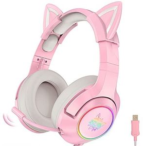 Hoofdtelefoon Roze Gaming Headset met Verwijderbare Kattenoren, met Surround Sound, Lichte Ruisonderdrukking Intrekbare Microfoon
